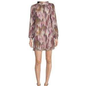 Belle Badgley Mischka Sequin Purple Print Trapeze Dress Long Sleeve Mod S M